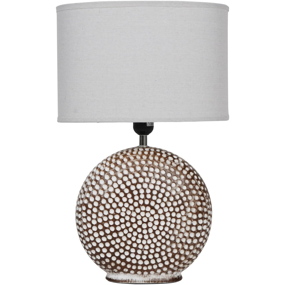Front view of the Pointillé table lamp with a cream circle pattern on its brown circular base and an ivory shade.