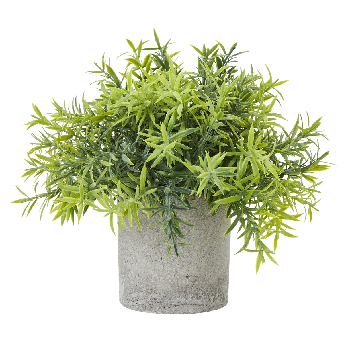 Pointleaf Dome artificial plant with a rounded mass of light and dark green pointed leaves above a mottled grey cylindrical pot, on a white background.