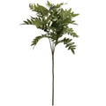 Pointleaf Fan artificial foliage bunch upright against white, with a long brown-green stem and spreading branches of pointed green leaves.