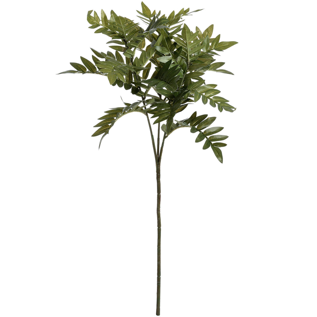 Pointleaf Fan artificial foliage bunch upright against white, with a long brown-green stem and spreading branches of pointed green leaves.