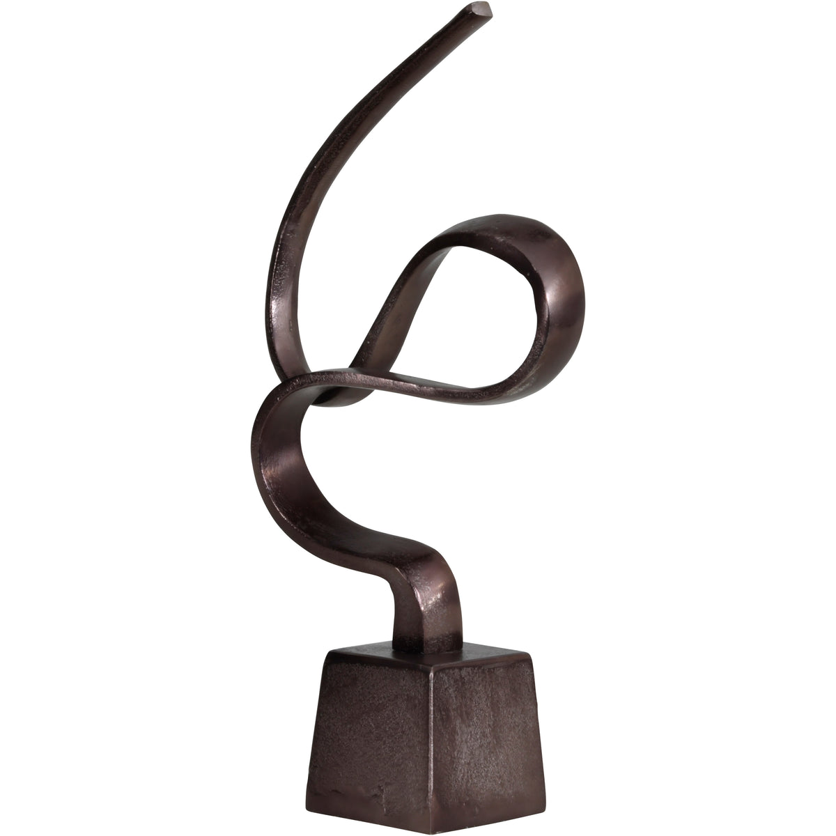 Three-quarter view of the bronze-coloured Poise sculpture, with a looping ribbon rising from a tapered four-sided plinth.
