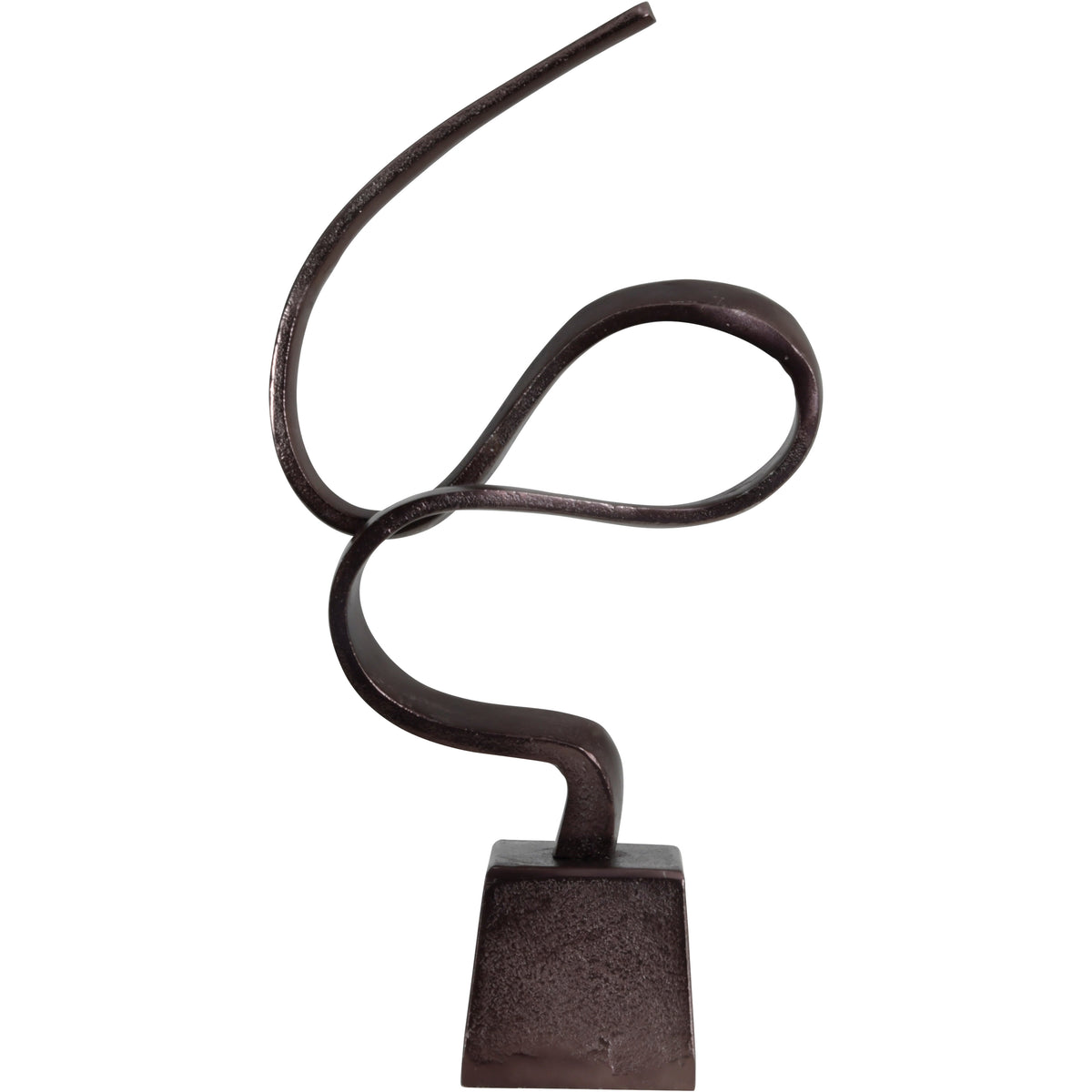 Poise sculpture with an oval loop on the right, a tall upward arc and an S-shaped lower curve above the plinth.