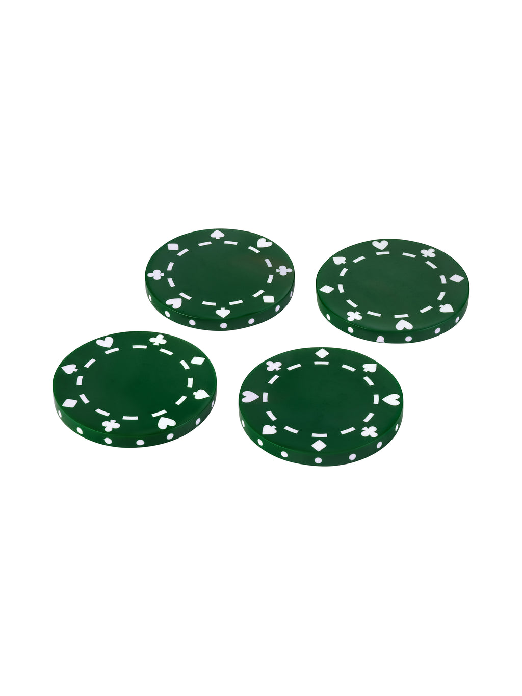 Four green round coasters arranged separately, showing white card-suit motifs, dashed rings and dotted edges.