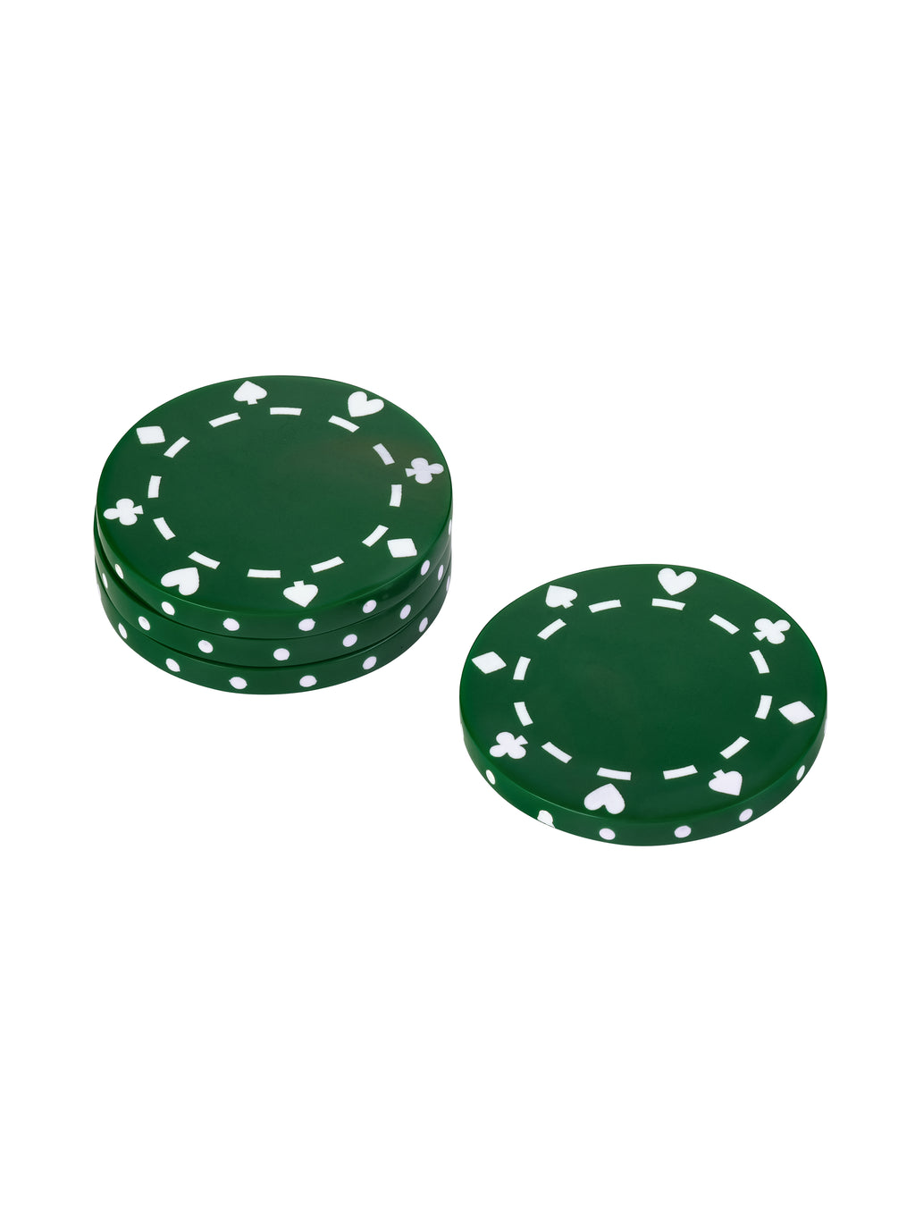 Three green poker chip coasters stacked beside a single coaster, with white detailing on the faces and sides.