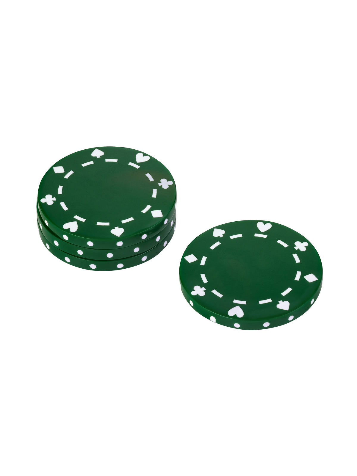 Three green poker chip coasters stacked beside a single coaster, with white detailing on the faces and sides.