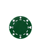 Top view of a green coaster with white hearts, diamonds, spades and clubs surrounding a dashed inner ring.