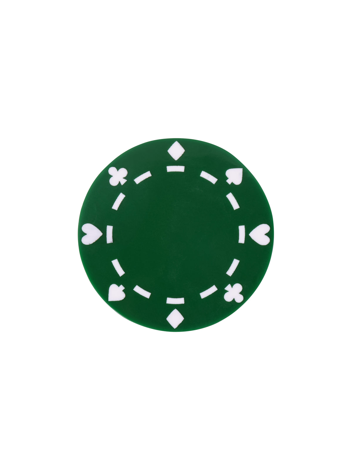 Top view of a green coaster with white hearts, diamonds, spades and clubs surrounding a dashed inner ring.