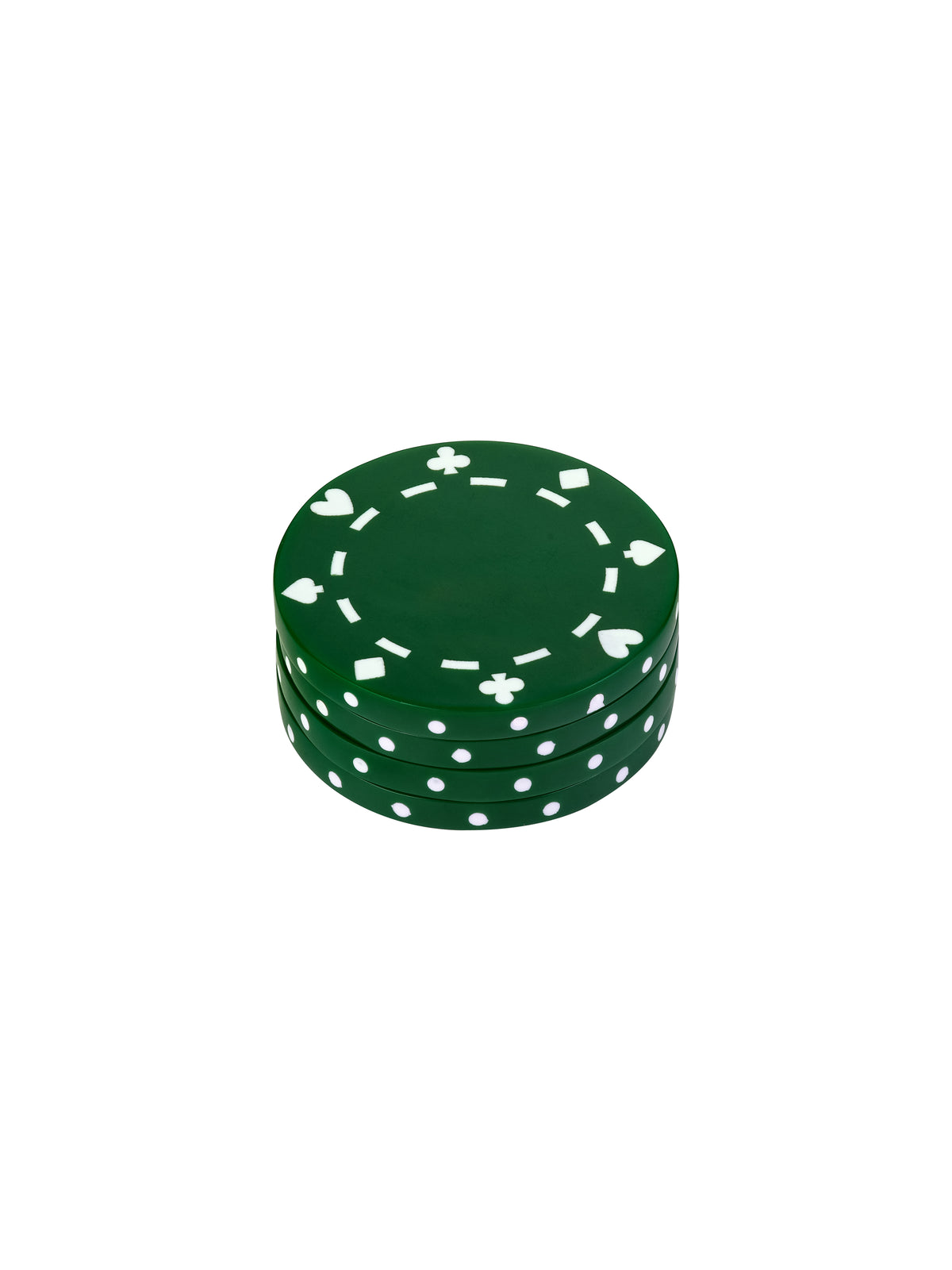 Four green coasters in a stack, showing the card-suit pattern on top and rows of white dots around the edges.