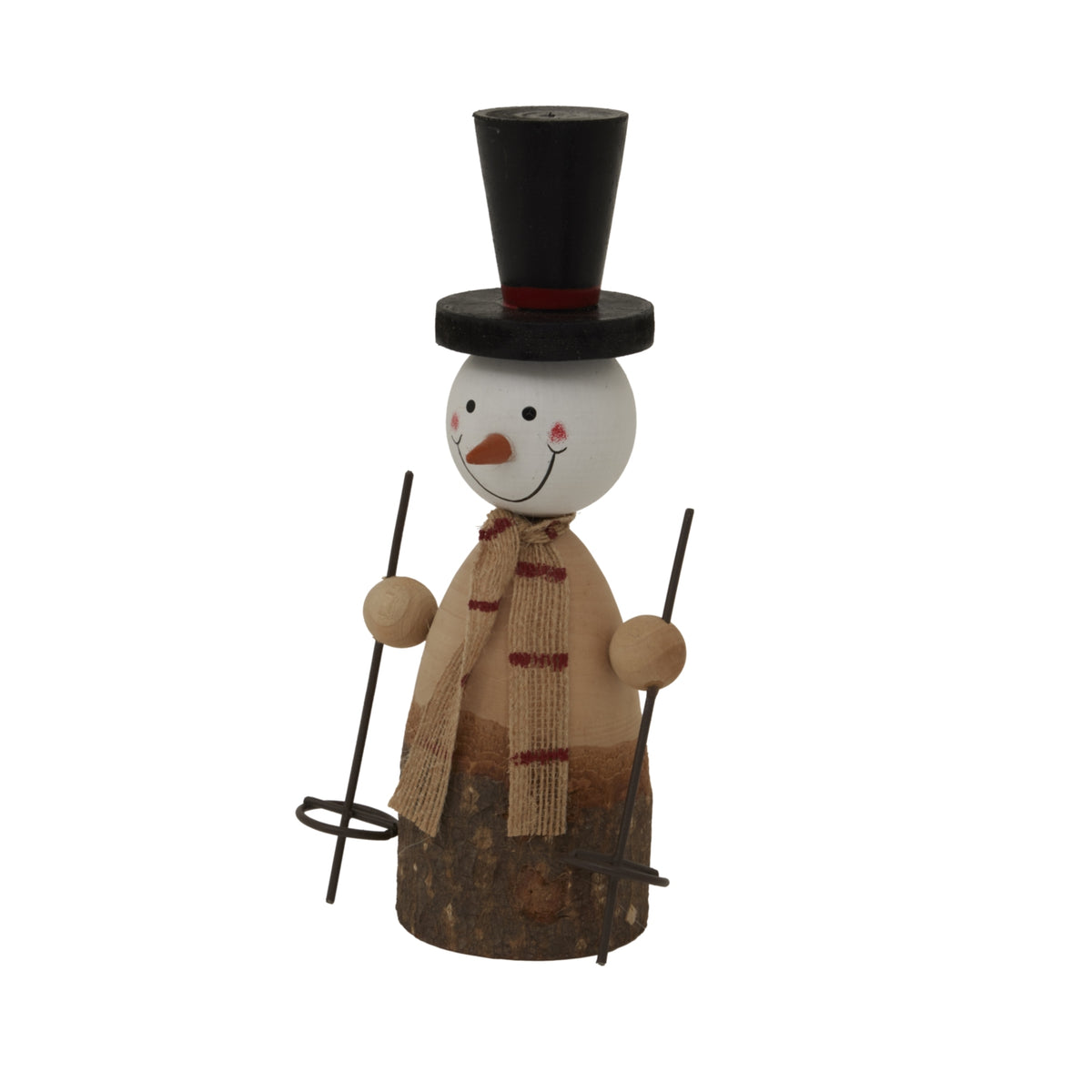 Angled view of the snowman decoration showing its projecting orange nose, tapered natural-toned torso and bark-covered log-style base.