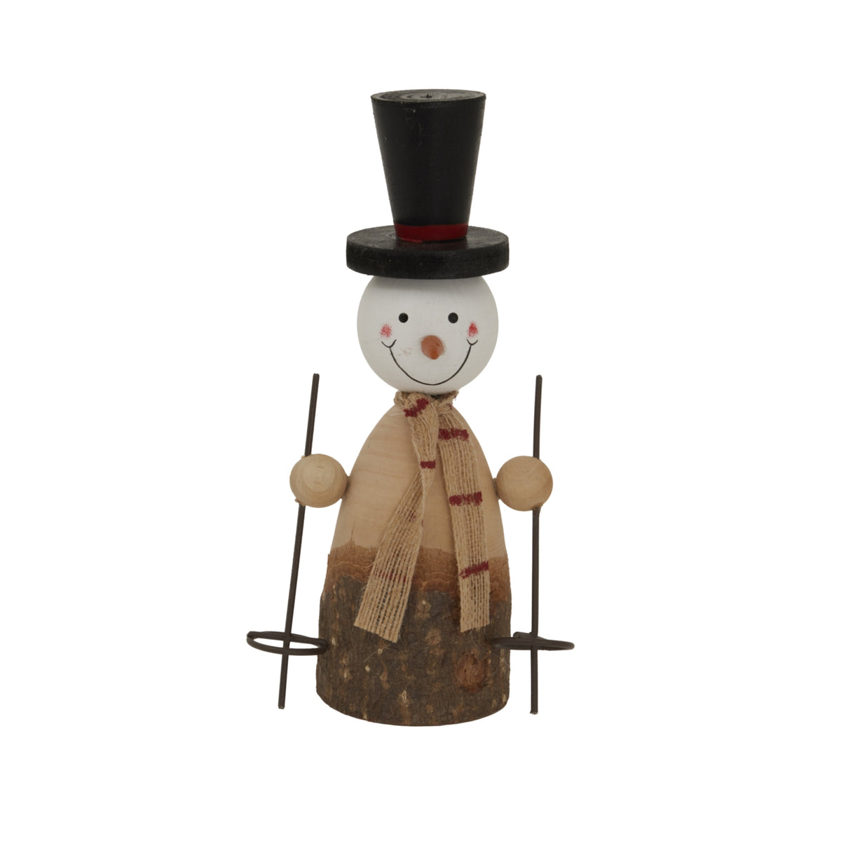 Front view of a smiling snowman decoration with a black top hat, red-striped scarf and two ski poles with circular baskets.