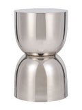 Polished silver-toned side table with a circular top and two rounded sections meeting at a narrow waist, shown against a white background.