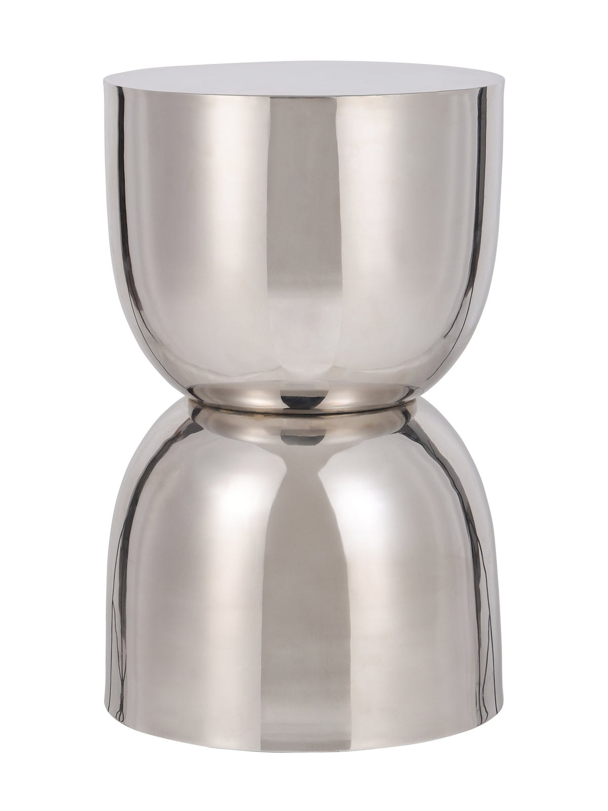 Polished silver-toned side table with a circular top and two rounded sections meeting at a narrow waist, shown against a white background.