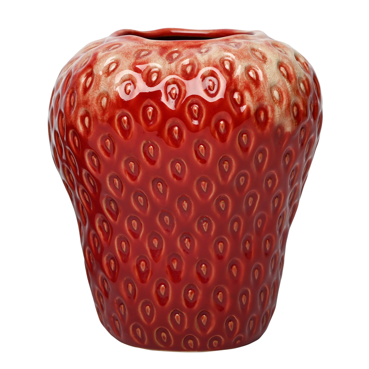 Front view of the large Pomona vase with red seed-patterned body, cream shoulder and tapered flat base.