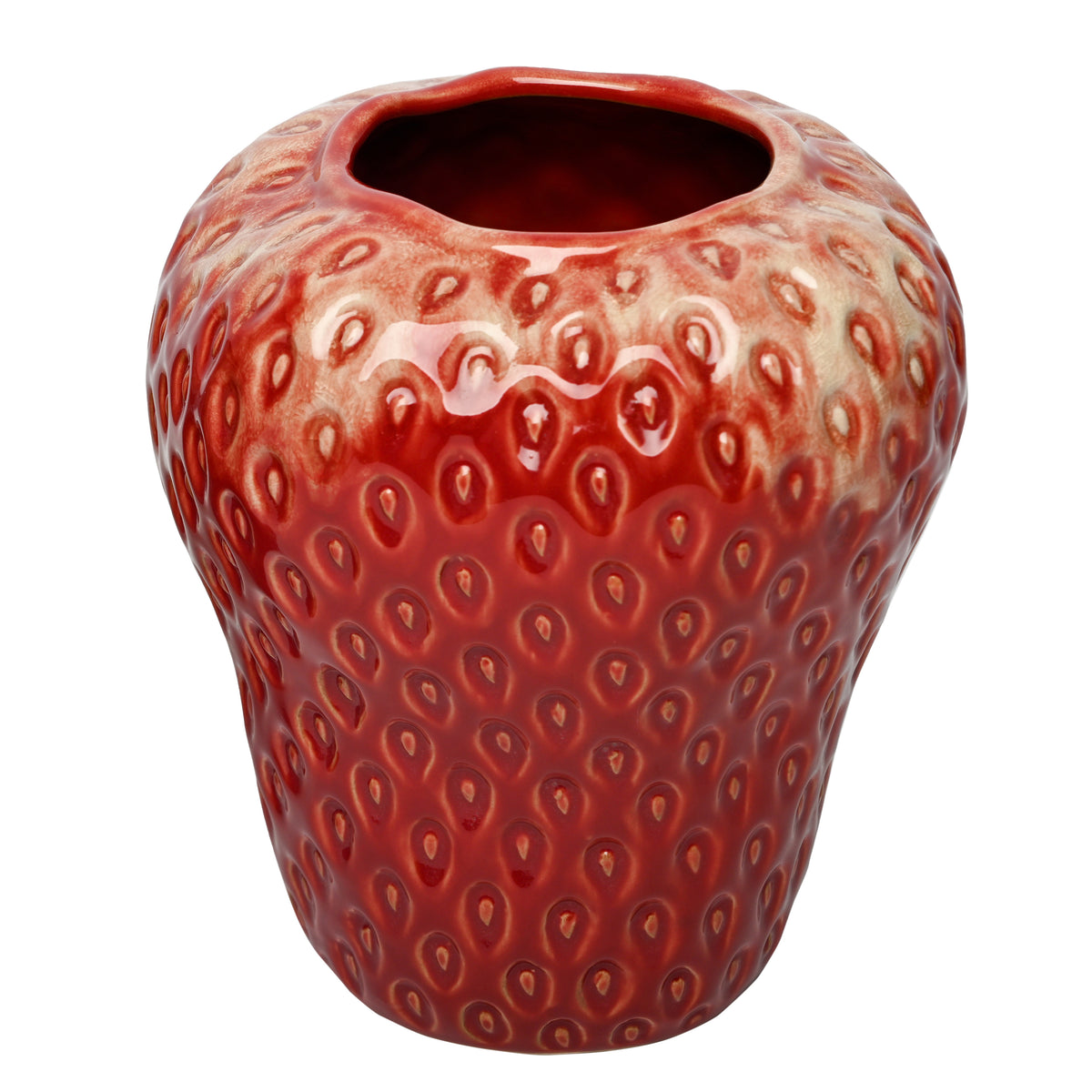 Elevated view of the Pomona vase showing its broad asymmetrical opening, dark red interior and rounded shoulders.