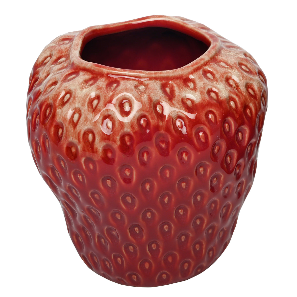 Elevated view of the Pomona vase showing its broad irregular mouth, red interior and cream-toned shoulders.