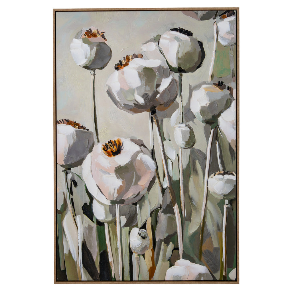Front view of tall brown-framed artwork showing rounded poppy seed heads on long stems in white, blush, grey and sage with ochre-gold accents.