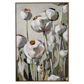 Front view of tall brown-framed artwork showing rounded poppy seed heads on long stems in white, blush, grey and sage with ochre-gold accents.