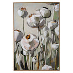 Front view of tall brown-framed artwork showing rounded poppy seed heads on long stems in white, blush, grey and sage with ochre-gold accents.