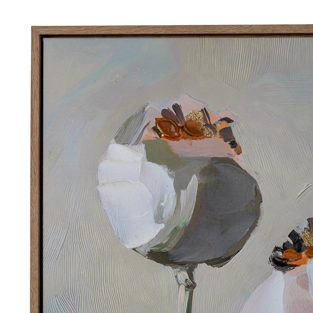 Close-up of the artwork's upper left poppy head, with broad white and grey strokes, gold-coloured details and fine curved lines beneath the brown frame corner.