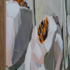 Angled detail of white and blush poppy heads with raised-looking ochre and black marks, gold-coloured flecks and visible surface weave.