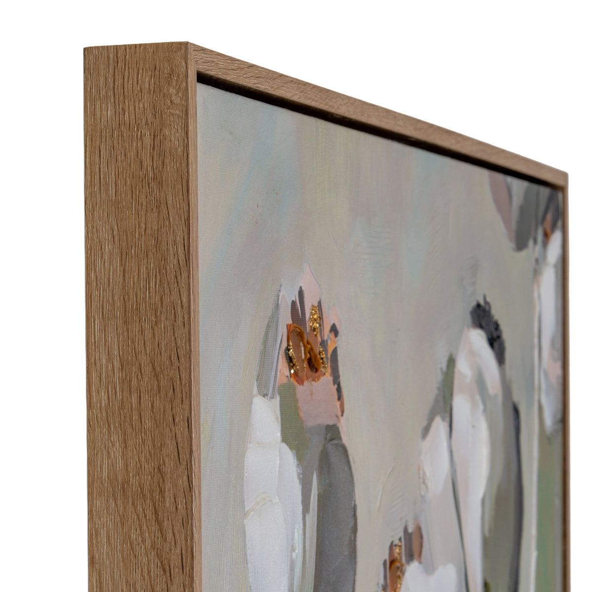 Side view of the artwork's upper corner showing the grain-like brown frame finish, narrow dark inner gap and pale botanical surface.