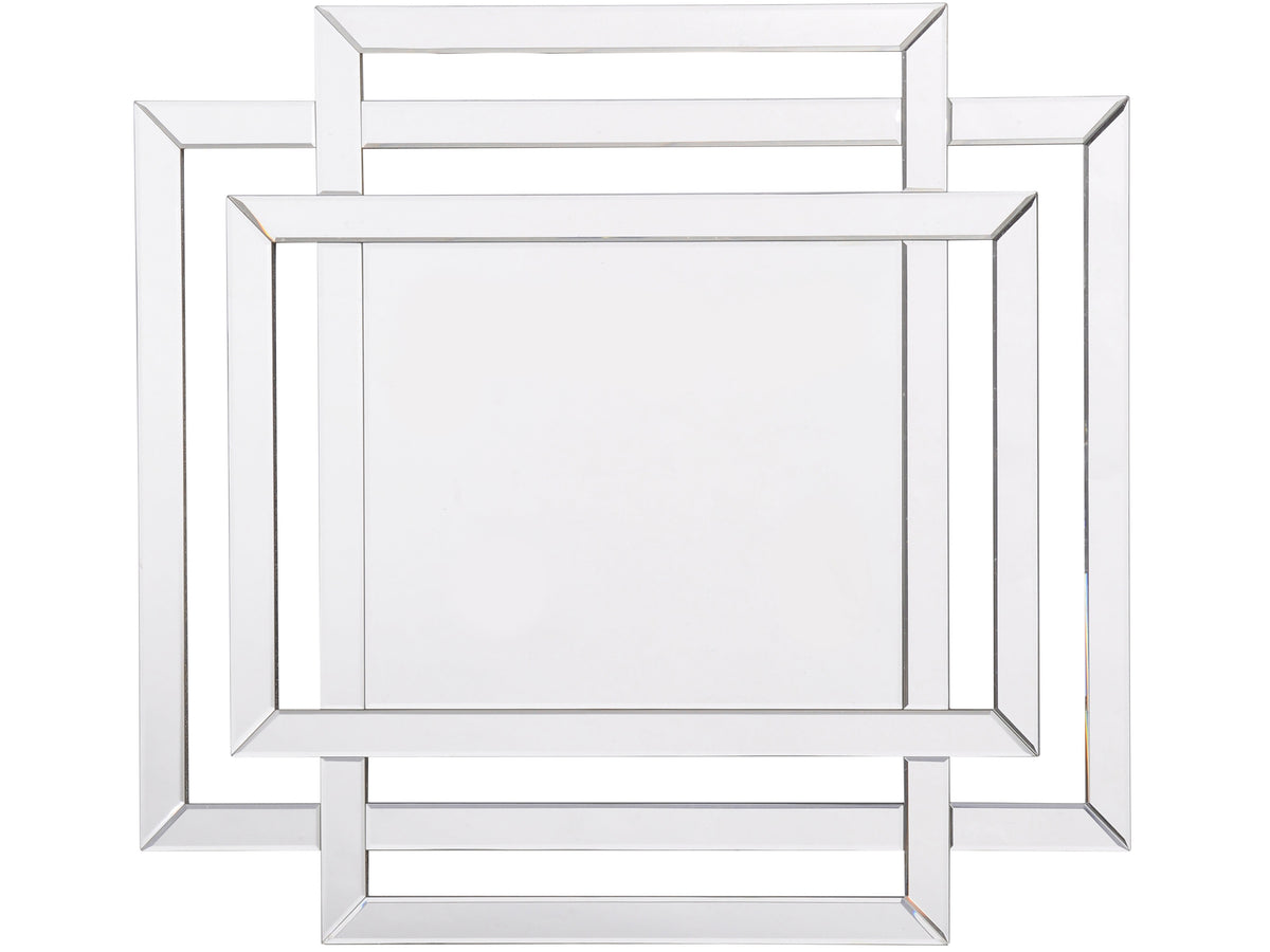 Front view of the Portal wall mirror with a rectangular centre and three overlapping silver-toned mirrored borders.