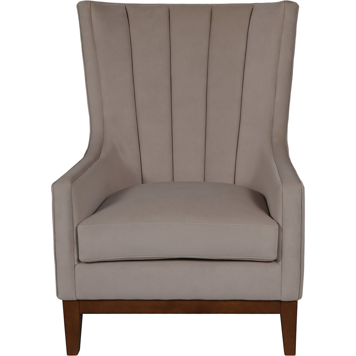 Front view of the taupe armchair with a tall channelled back, slim upholstered arms, loose seat cushion and brown tapered front legs.