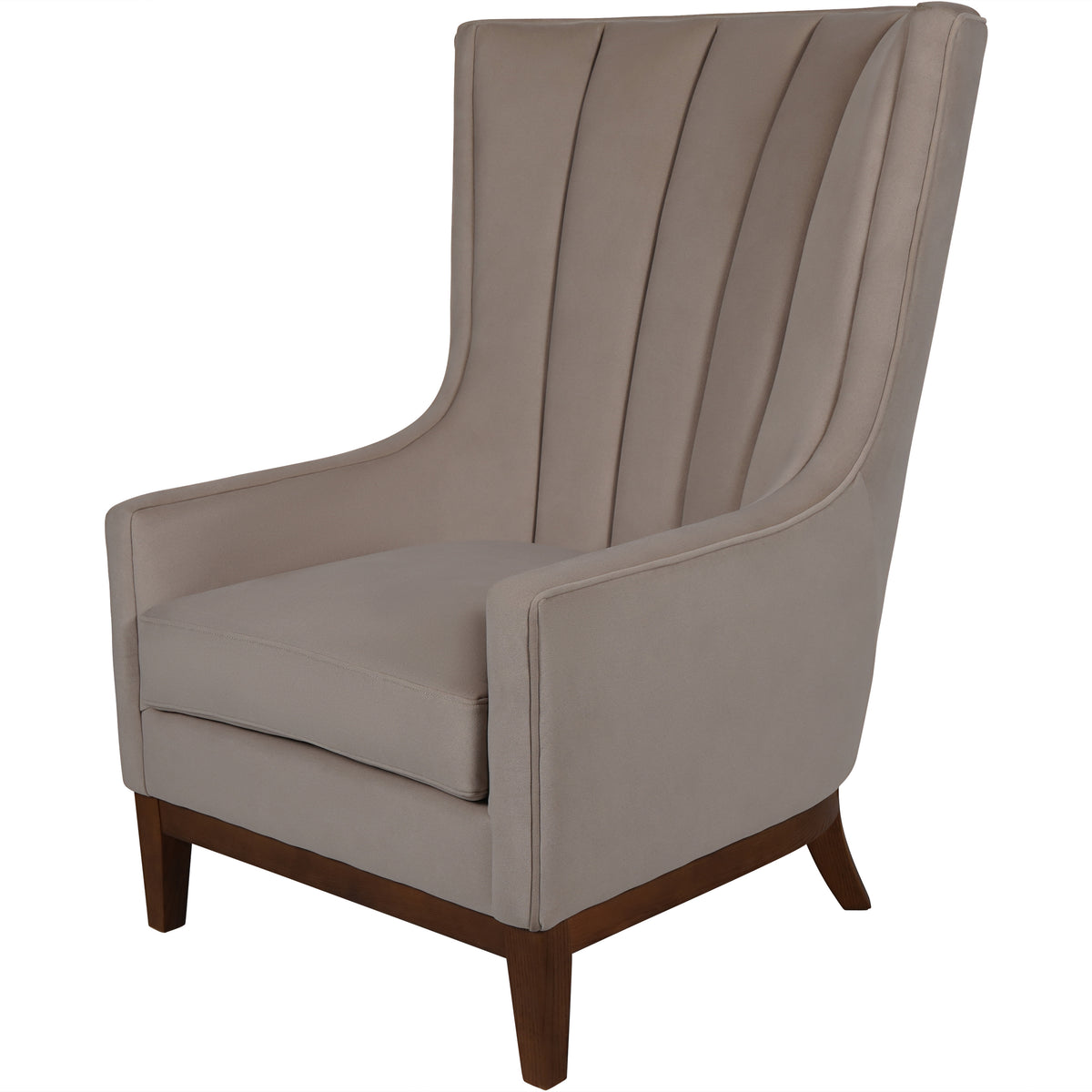 Three-quarter view showing the taupe armchair's flared back, sweeping arm profile, piped edges and splayed wooden legs.