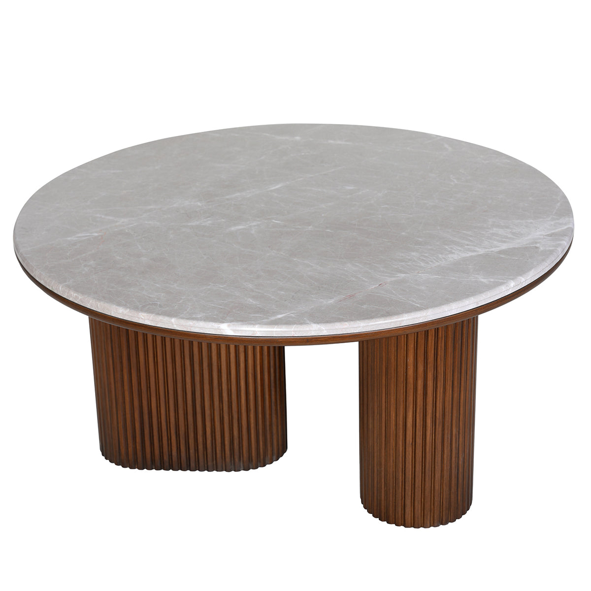 Elevated view showing the circular grey marble top, fine veining and gap between the curved supports.