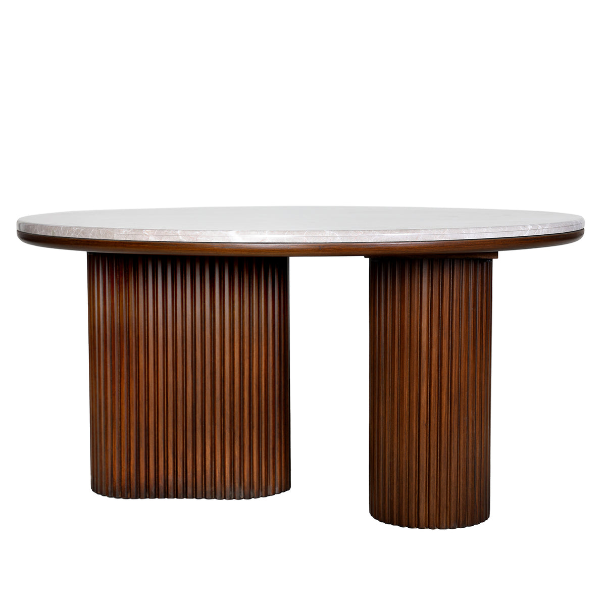 Front view of the Portico Coffee Table with a pale marble top and two offset walnut-toned fluted supports.