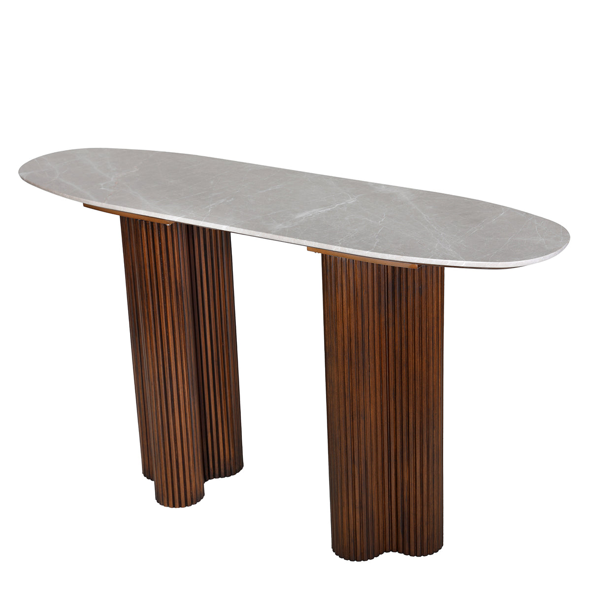 Angled view showing the elongated marble tabletop, rounded ends and shaped twin pedestal base.