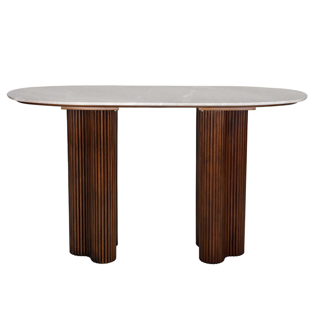 Front view of the Portico console table with a pale grey oval marble top and two dark brown fluted pedestals.