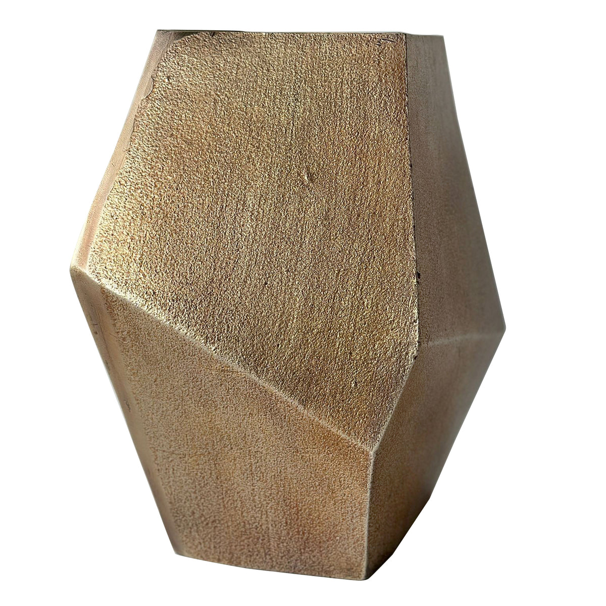 Prism vase against white, showing its angular shoulders, asymmetrical facets and textured gold tones.