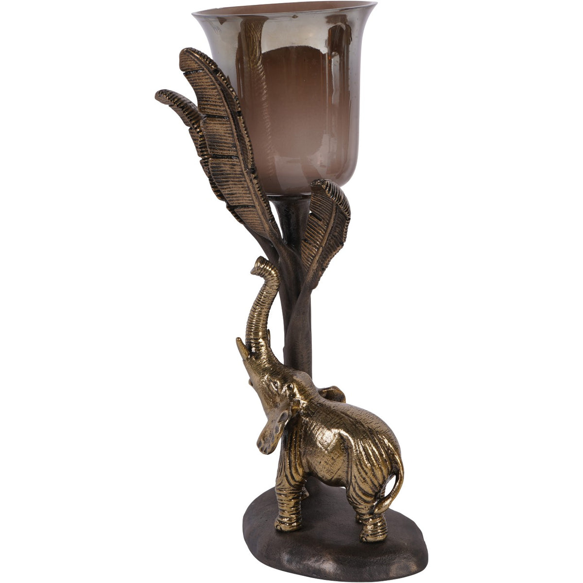 Rear view of the elephant candle holder showing the curled tail, branching tree and flared glass rim.