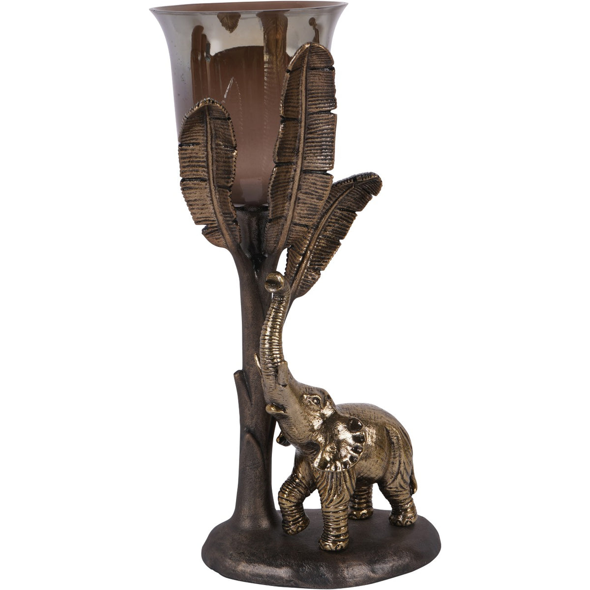 Large elephant candle holder with a raised trunk, three ribbed leaves and a smoked-glass cup on a dark tree-shaped stand.