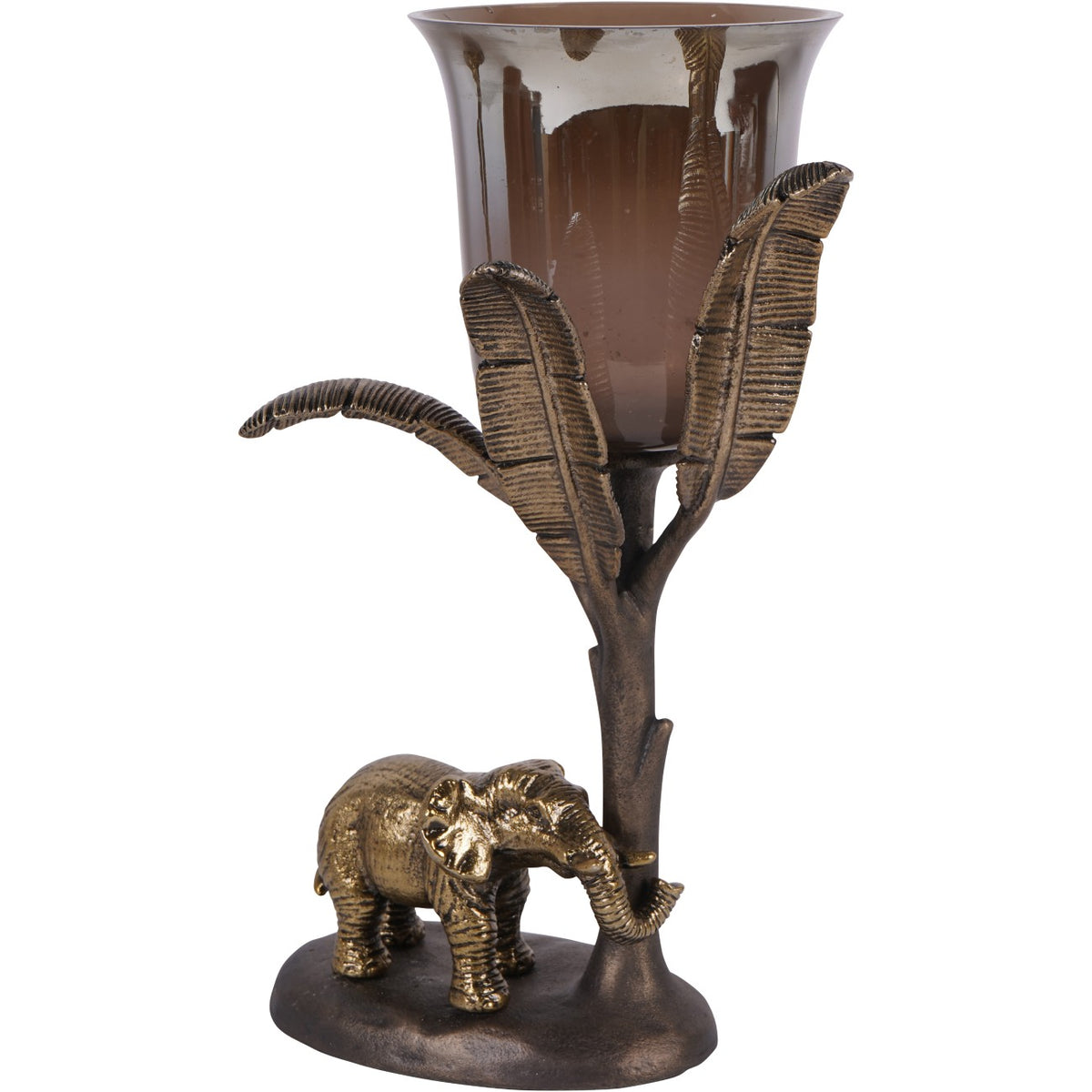 Front view of the candleholder with three ribbed leaves surrounding the glass and an elephant curling its trunk around the stem.