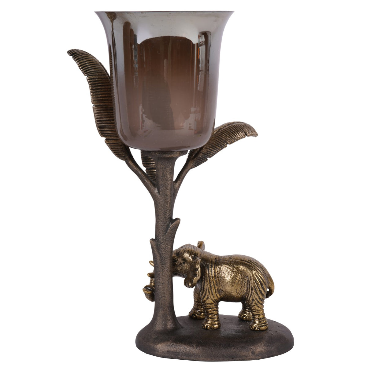 Rear three-quarter view of the elephant candleholder, showing the smoky glass hurricane, branching stem and oval base.