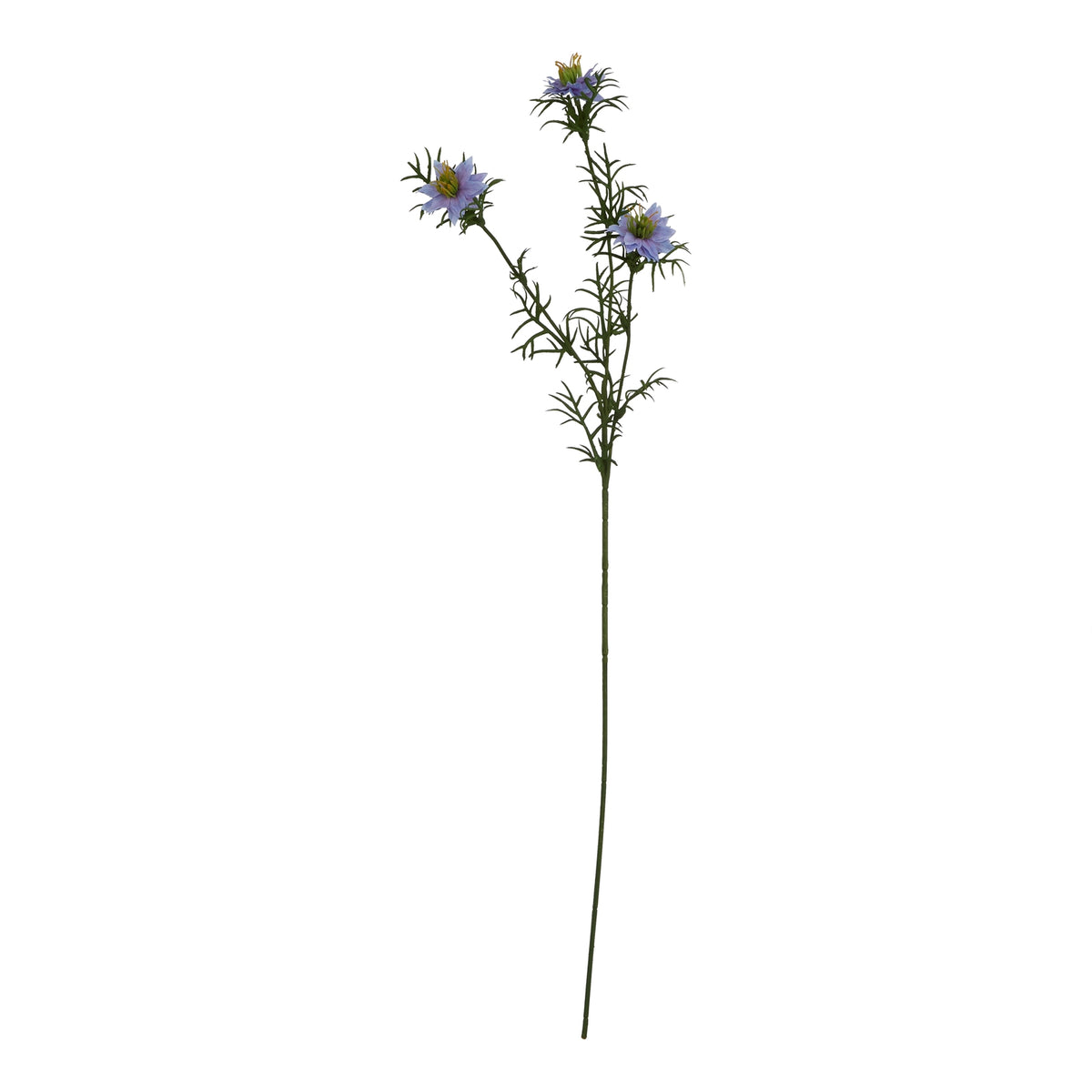 Full view of a slender dark green artificial stem with branching fine foliage and three purple-blue star-like flowers against white.