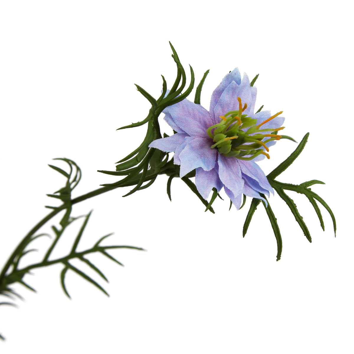 Close-up of a purple-blue artificial flower with textured pointed petals, a projecting green and orange-yellow centre and deeply divided green foliage.