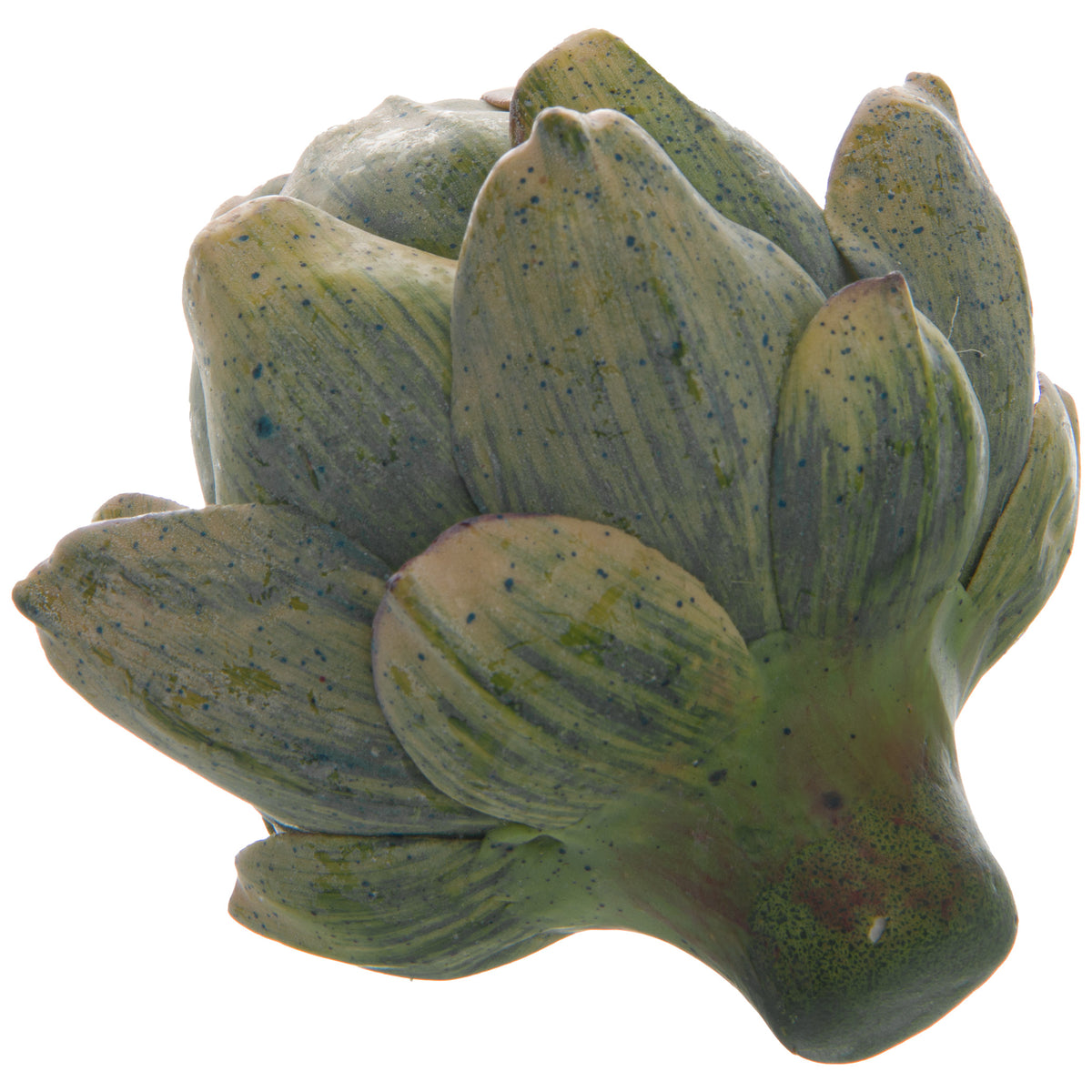 Side view of an artificial artichoke head on white, showing pointed green bracts and a short rounded base.