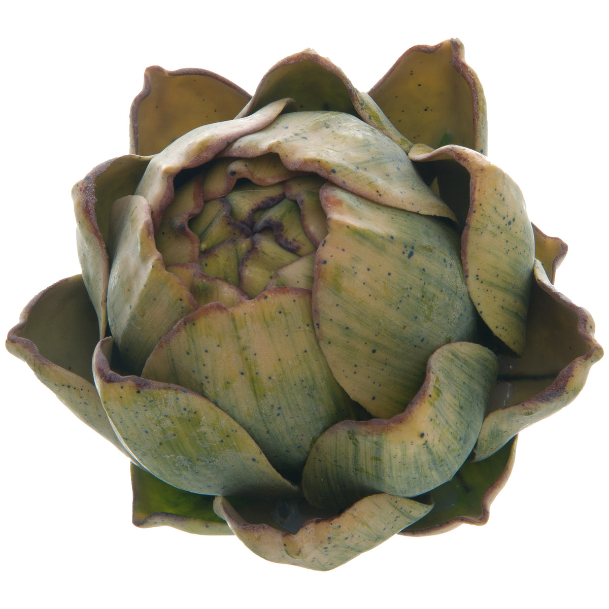 Artificial artichoke head viewed from above on white, with overlapping mottled green bracts and purple-brown edges surrounding the centre.