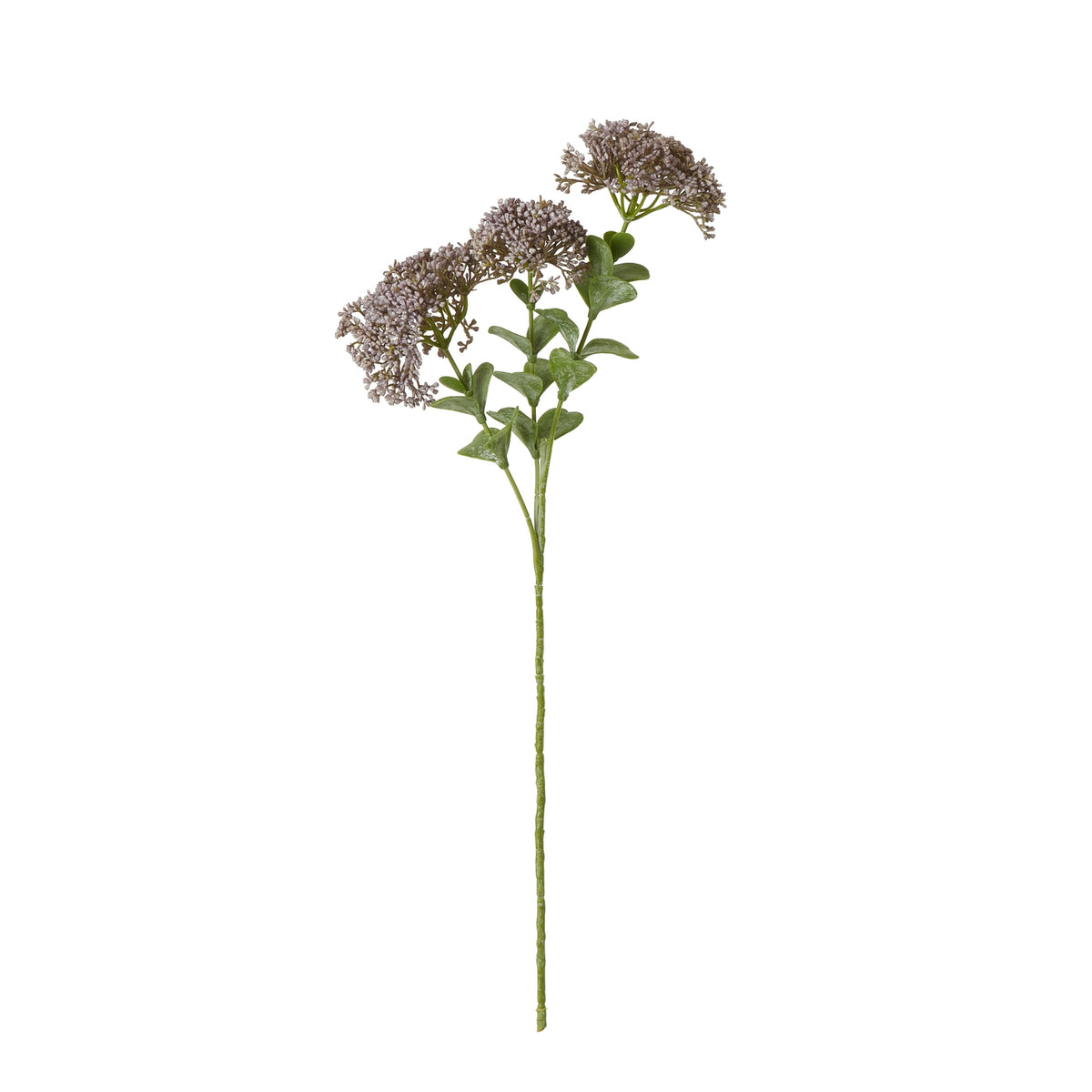 Full view of the artificial botanical spray, with a long green stem, broad leaves and branching clusters of purple-grey buds against white.