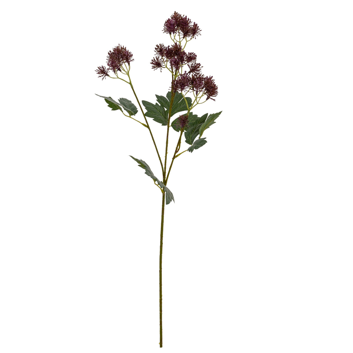 Full purple meadow artificial flower spray with a long green stem, branching flower clusters and deeply lobed leaves against white.