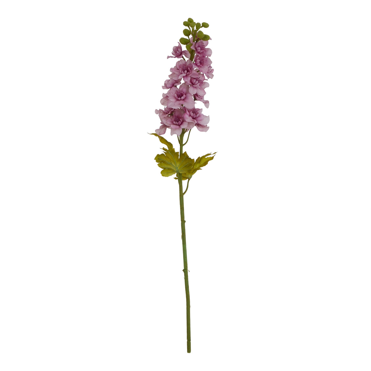 Full-length artificial delphinium stem with a long cluster of purple flowers, green buds at the tip and green leaves below.