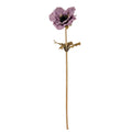 Full view of an artificial flower with an open purple head, dark round centre and long tan stem against a white background.