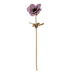 Full view of an artificial flower with an open purple head, dark round centre and long tan stem against a white background.