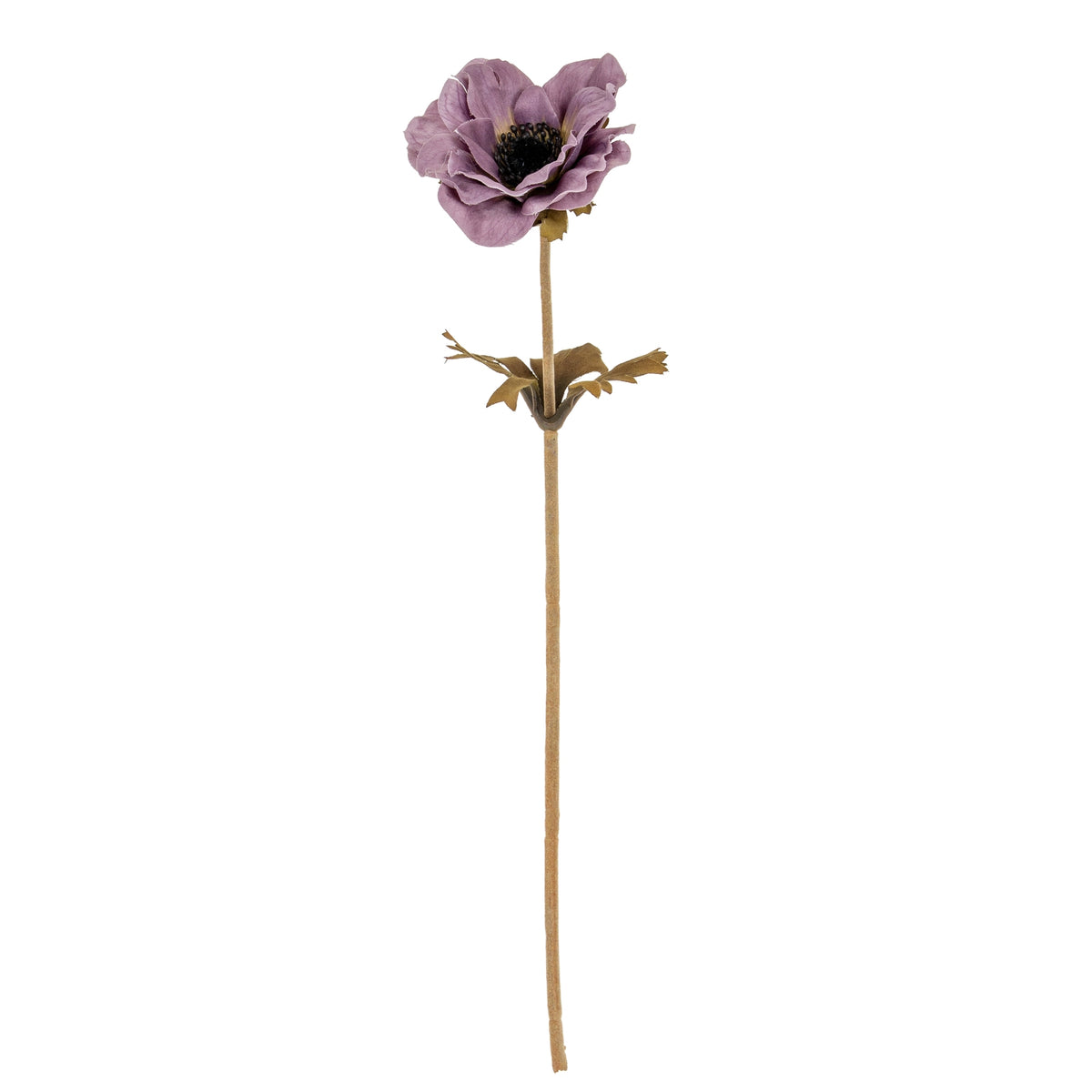 Full view of an artificial flower with an open purple head, dark round centre and long tan stem against a white background.