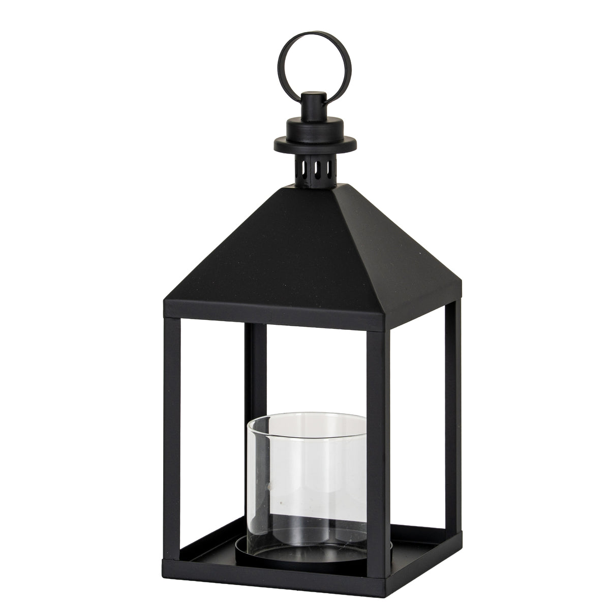 Three-quarter view of a black candle lantern with a square base, four upright posts, clear cylindrical inner holder and pyramidal top beneath a round ring.