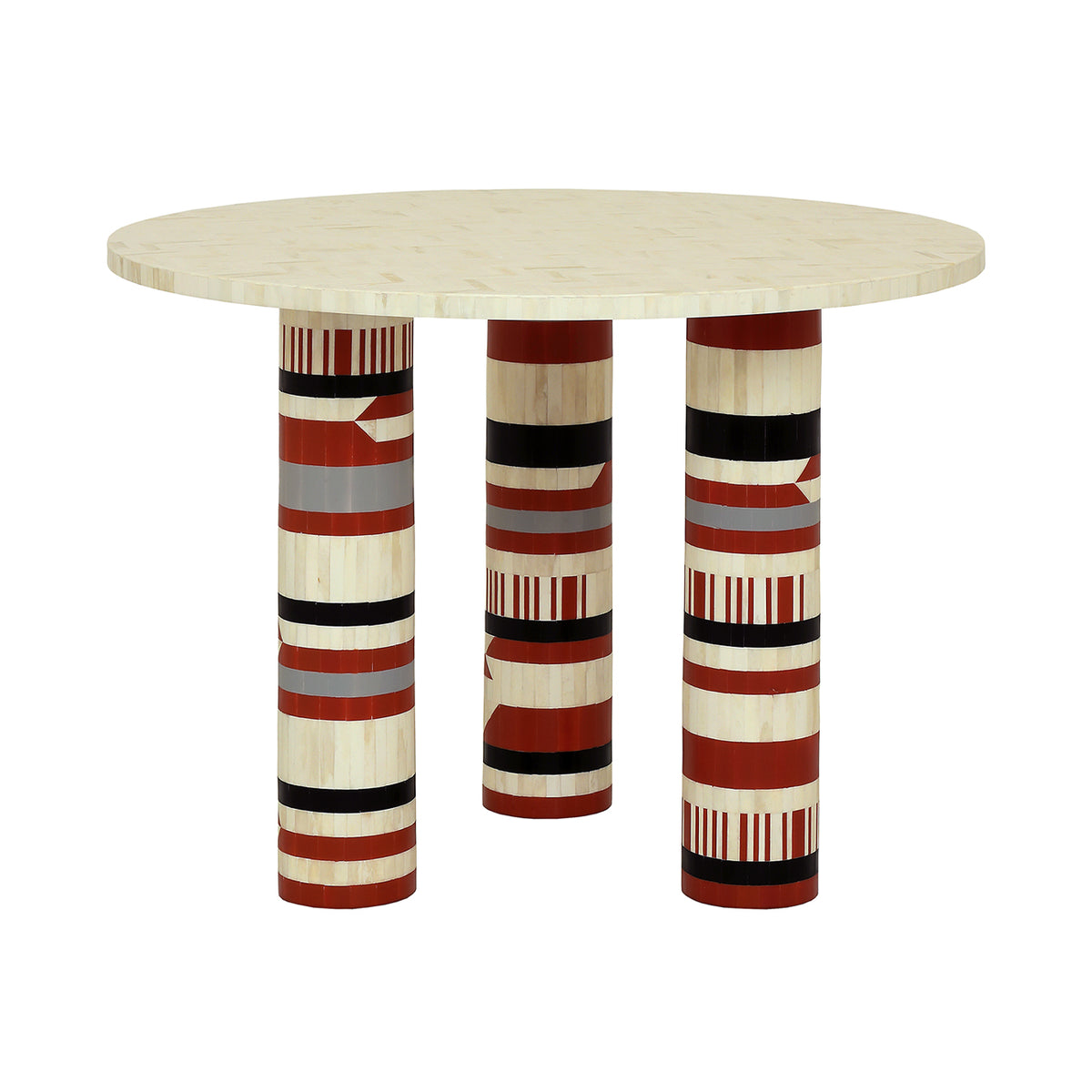 Alternate view of the round dining table showing two legs in front and different arrangements of coloured bands.