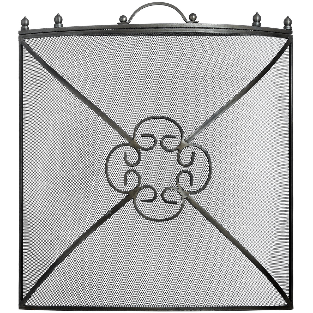 Front view of the Quatrefoil Mesh Fire Screen with a curled central motif, diagonal bars and an arched top handle.